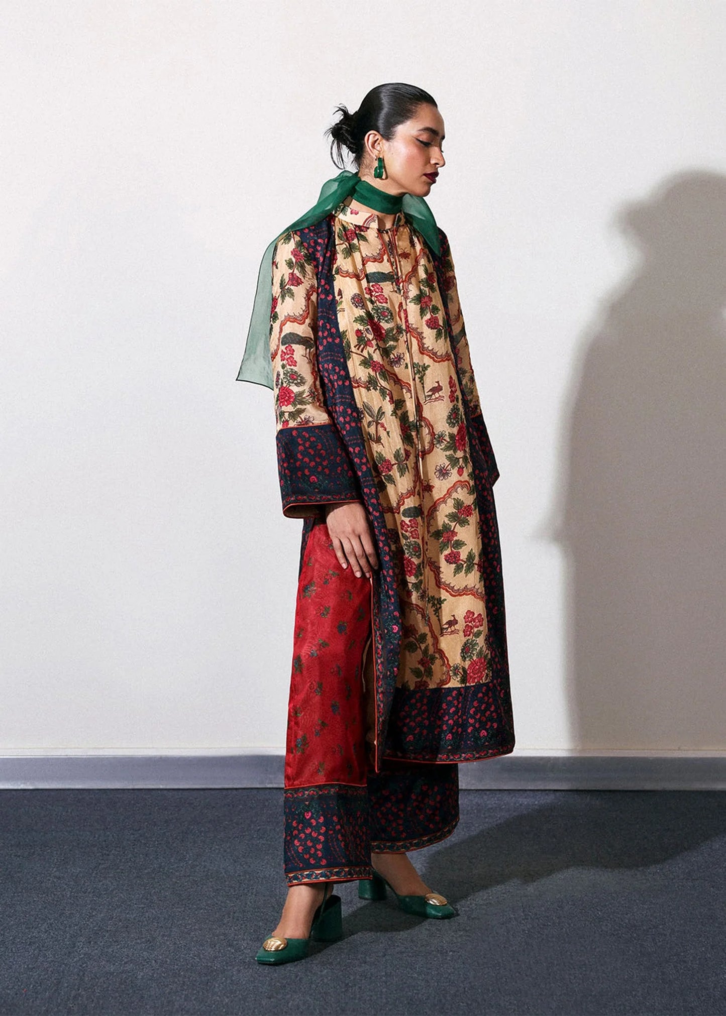 Model wearing light camel and red Mocha outfit from Hussain Rehar, perfect for Pakistani luxury pret and Pakistani clothes online in UK.