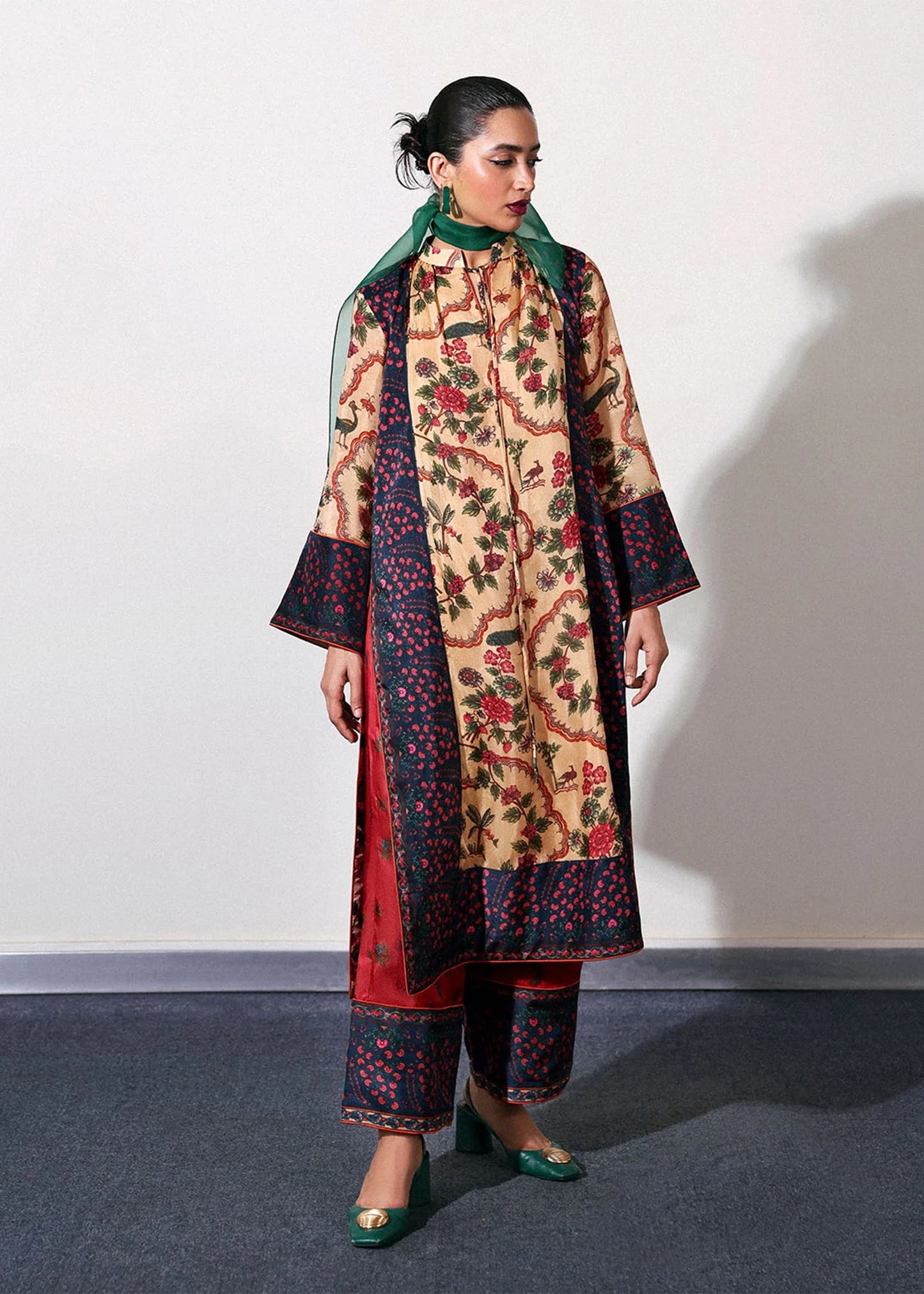 Model wearing light camel and red Mocha outfit from Hussain Rehar, perfect for Pakistani luxury pret and Pakistani clothes online in UK.