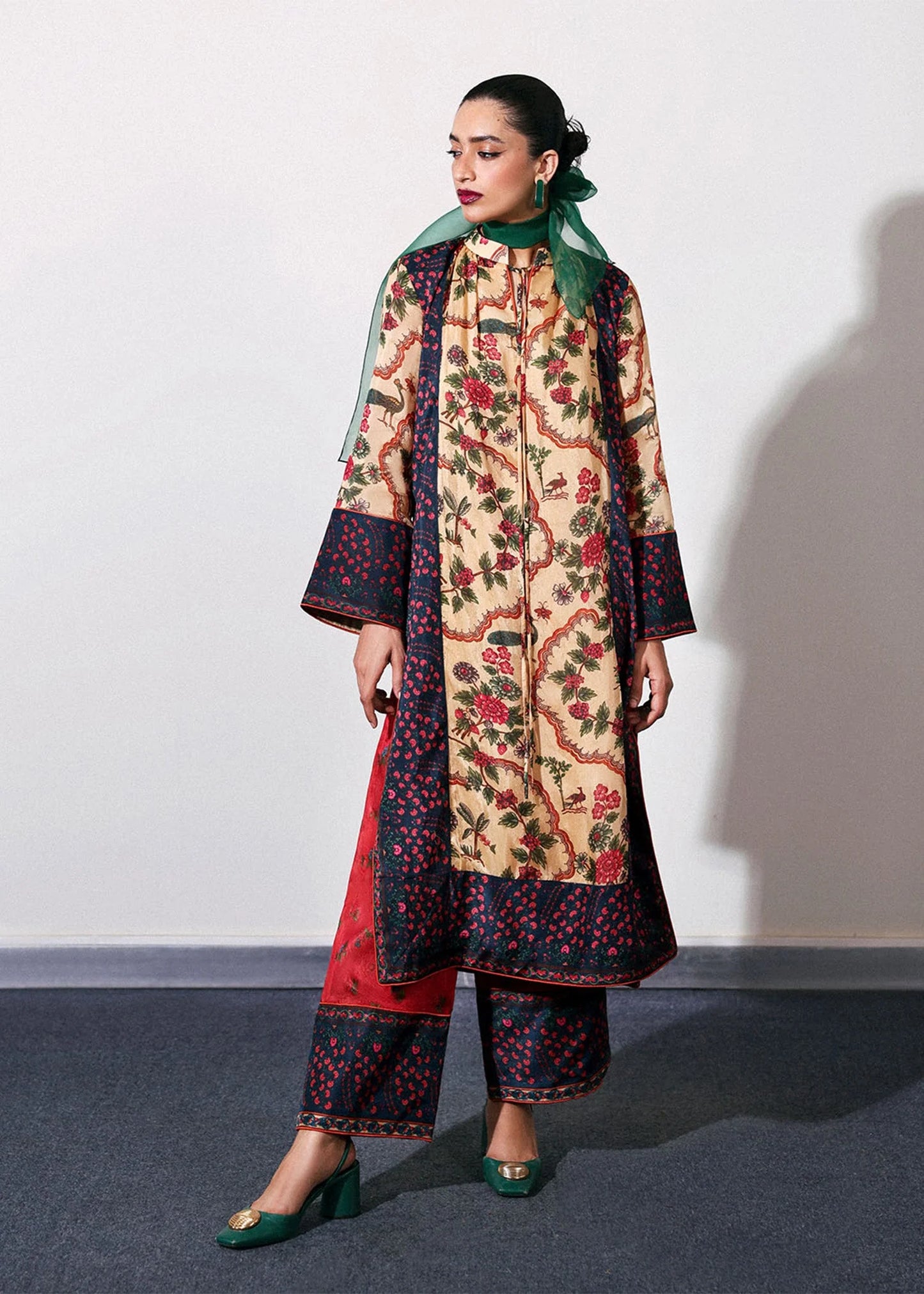 Model wearing light camel and red Mocha outfit from Hussain Rehar, perfect for Pakistani luxury pret and Pakistani clothes online in UK.