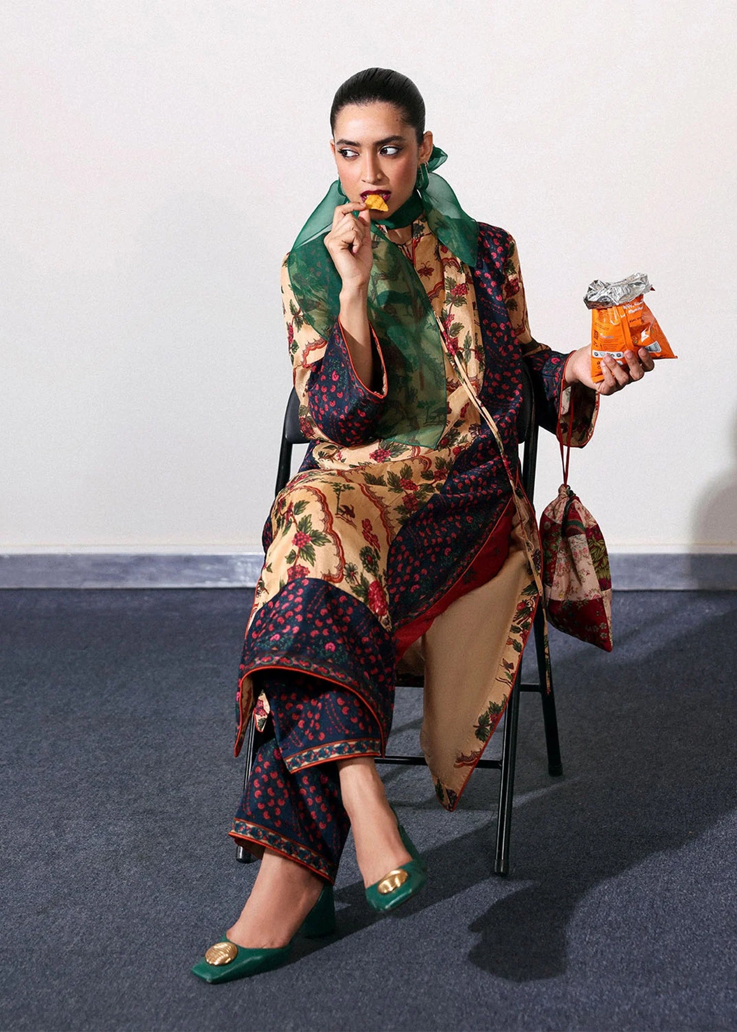 Model wearing light camel and red Mocha outfit from Hussain Rehar, perfect for Pakistani luxury pret and Pakistani clothes online in UK.