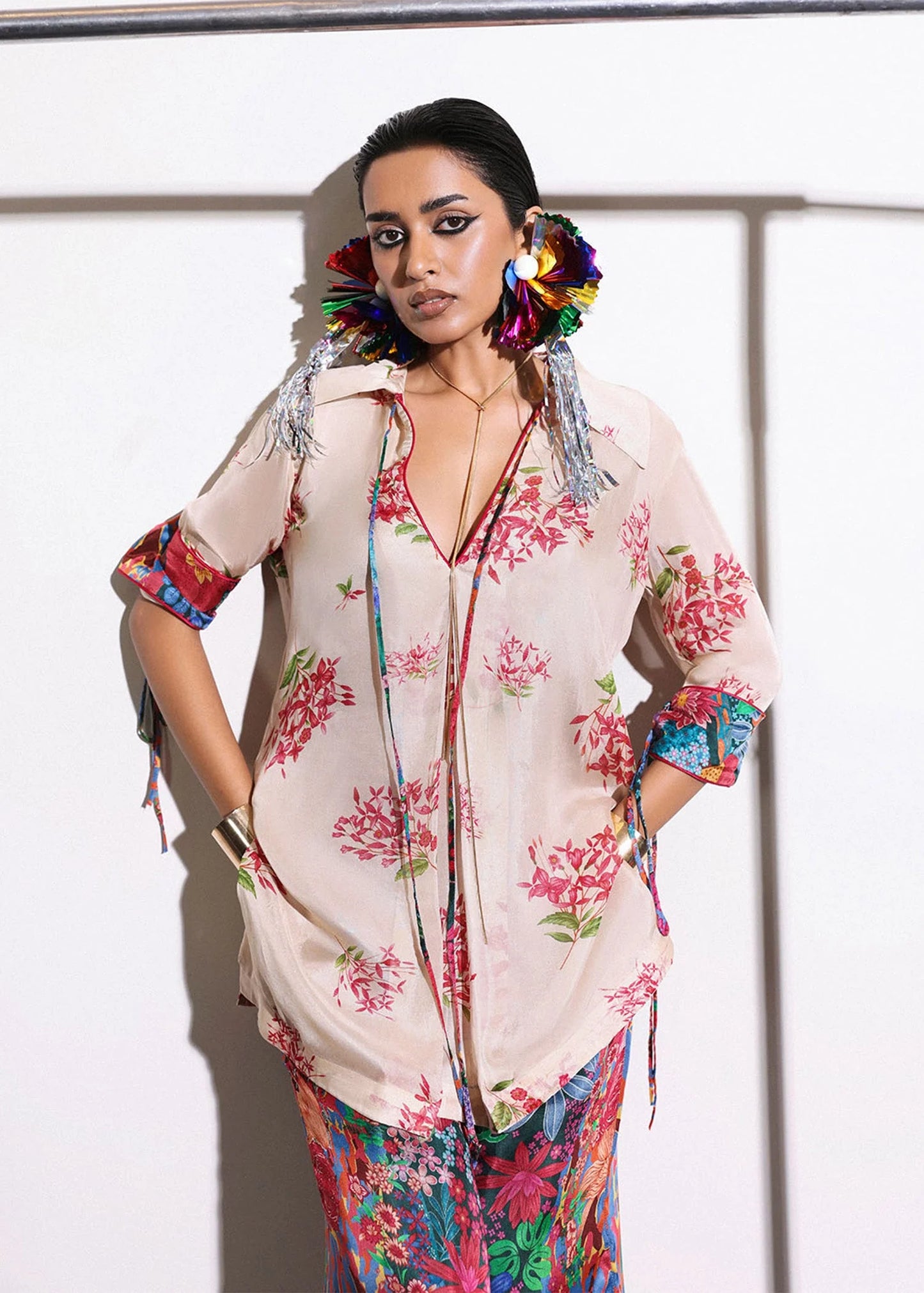 Model wearing blush pink and multicolor floral outfit from Hussain Rehar, perfect for Pakistani luxury pret and clothes online in UK.