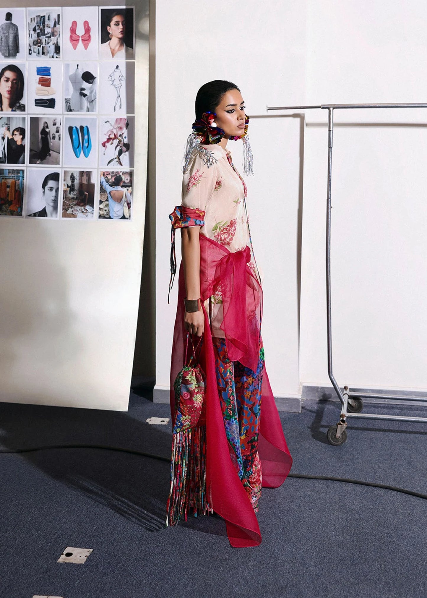 Model wearing blush pink and multicolor floral outfit from Hussain Rehar, perfect for Pakistani luxury pret and clothes online in UK.