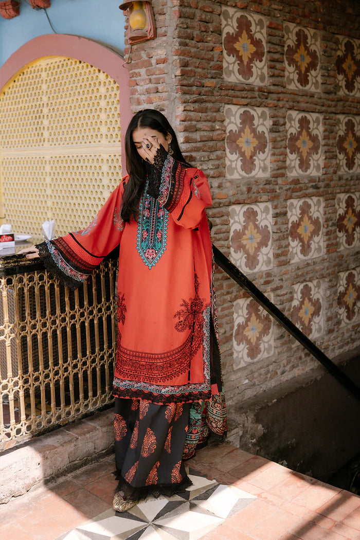 Model wearing red and black NAZLI-B-SRL25-06 from Saira Rizwan Laneem SS/25, perfect for Pakistani luxury pret and clothes online in UK.