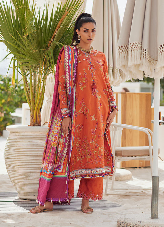 Model wearing rust orange embroidered outfit from Farah Talib Aziz, Unstitched Luxury '25, ideal for Pakistani clothes online in UK.