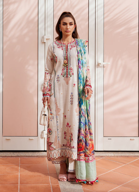 Model wearing ivory embroidered dress with multicolor printed dupatta from Farah Talib Aziz Irene Ivory, Pakistani clothes online in UK.