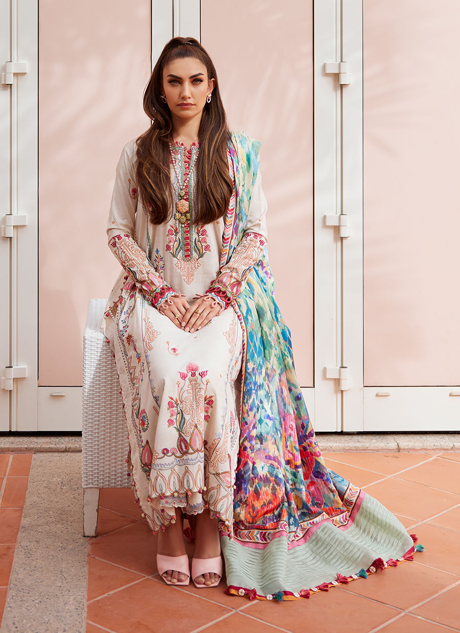 Model wearing ivory embroidered dress with multicolor printed dupatta from Farah Talib Aziz Irene Ivory, Pakistani clothes online in UK.