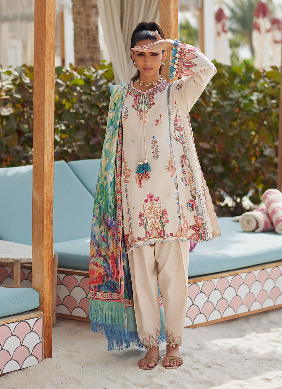 Model wearing ivory embroidered dress with multicolor printed dupatta from Farah Talib Aziz Irene Ivory, Pakistani clothes online in UK.