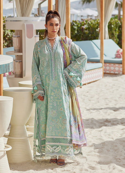 Model wearing aqua blue embroidered outfit from Farah Talib Aziz, Unstitched Luxury '25, perfect for Pakistani luxury pret fans in UK.