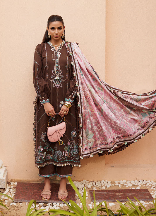 Model wearing chocolate brown embroidered dress with pink printed dupatta from Farah Talib Aziz Lvella Lindtt, Pakistani Luxury pret online in UK.