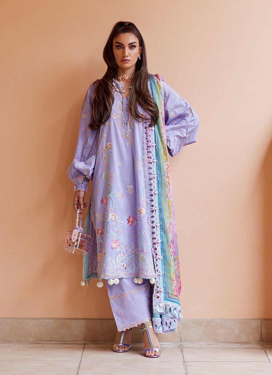 Model wearing lavender embroidered dress with printed dupatta from Farah Talib Aziz Liliana, Pakistani Luxury pret online in UK.
