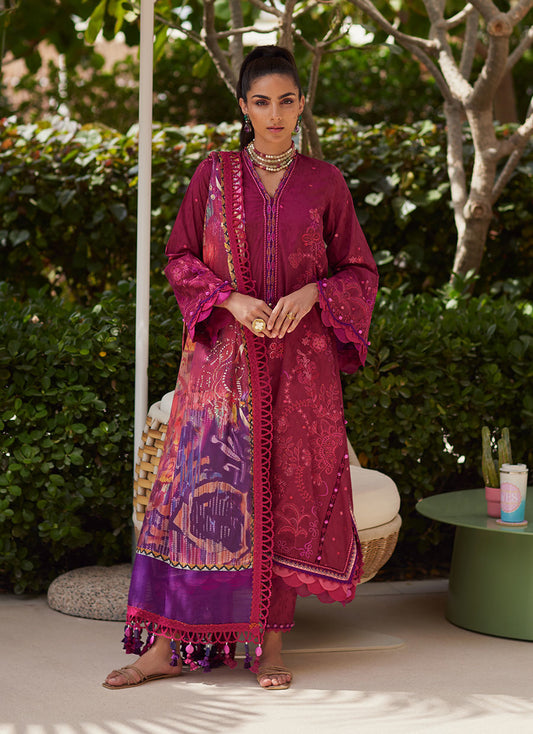 Model wearing deep berry and purple embroidered outfit from Farah Talib Aziz, Unstitched Luxury '25, ideal for Pakistani clothes online in UK.