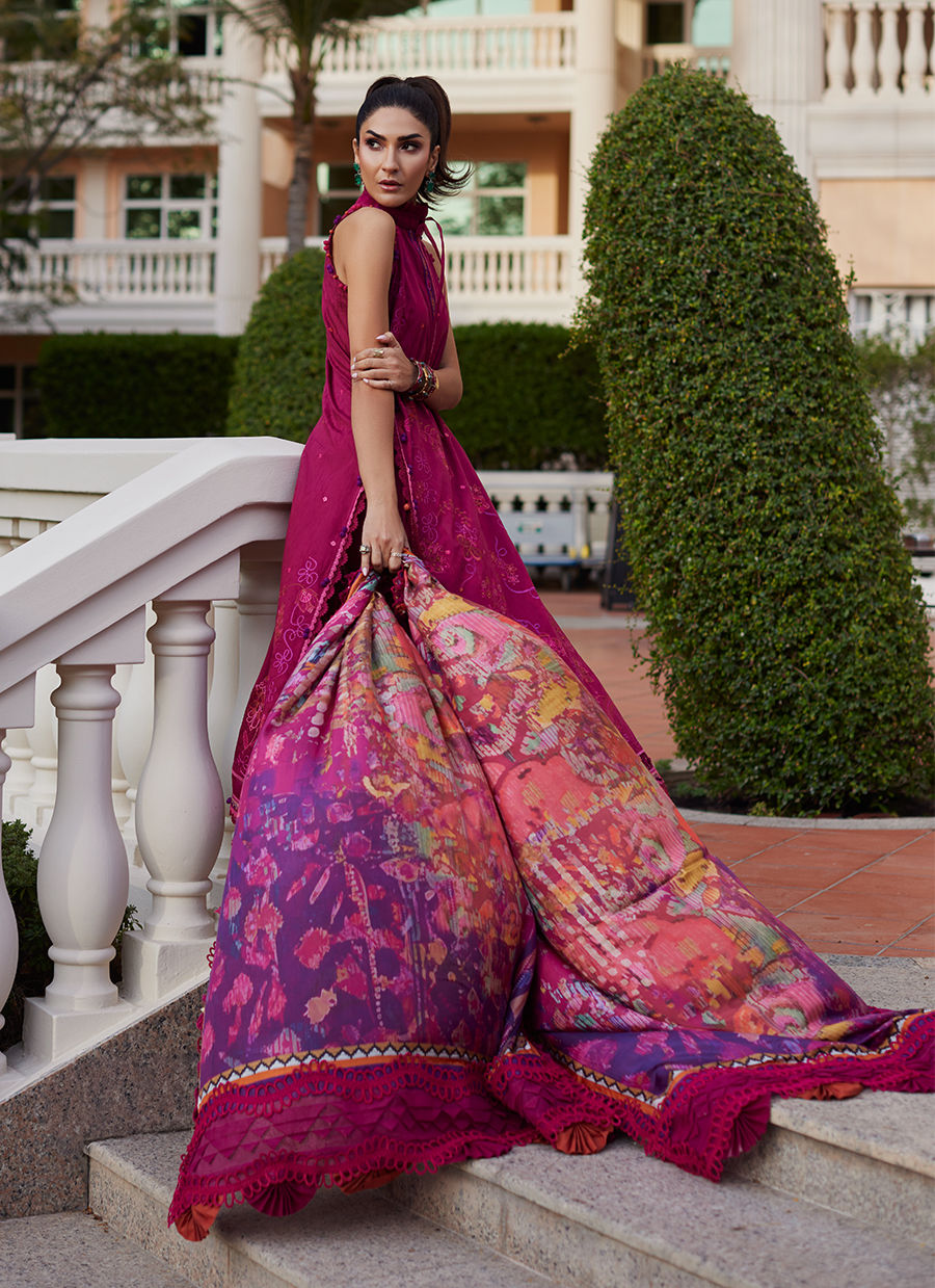 Model wearing deep berry and purple embroidered outfit from Farah Talib Aziz, Unstitched Luxury '25, ideal for Pakistani clothes online in UK.