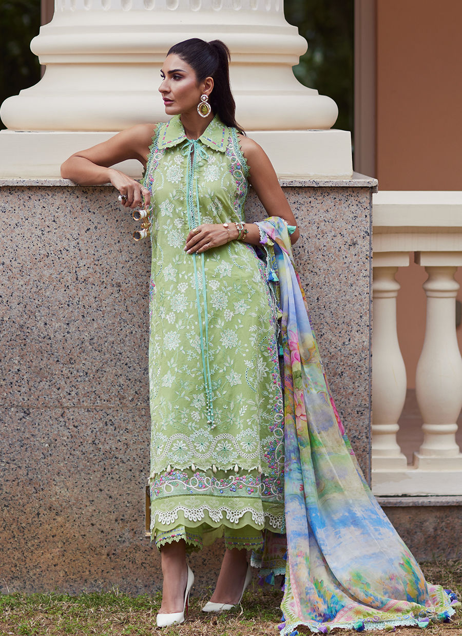 Model wearing pastel kiwi green embroidered outfit from Farah Talib Aziz, Unstitched Luxury '25, perfect for Pakistani clothes online in UK.