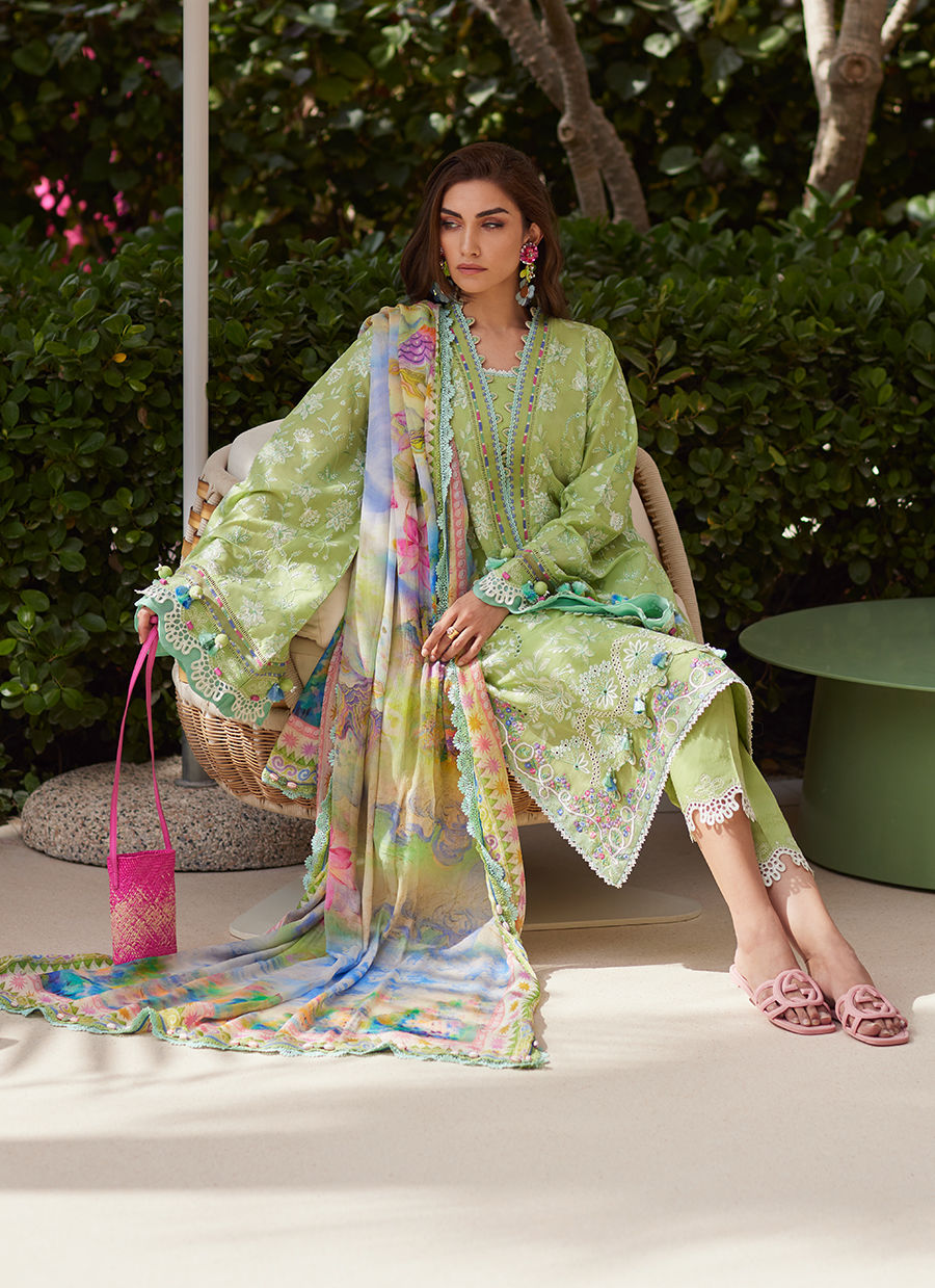 Model wearing pastel kiwi green embroidered outfit from Farah Talib Aziz, Unstitched Luxury '25, perfect for Pakistani clothes online in UK.