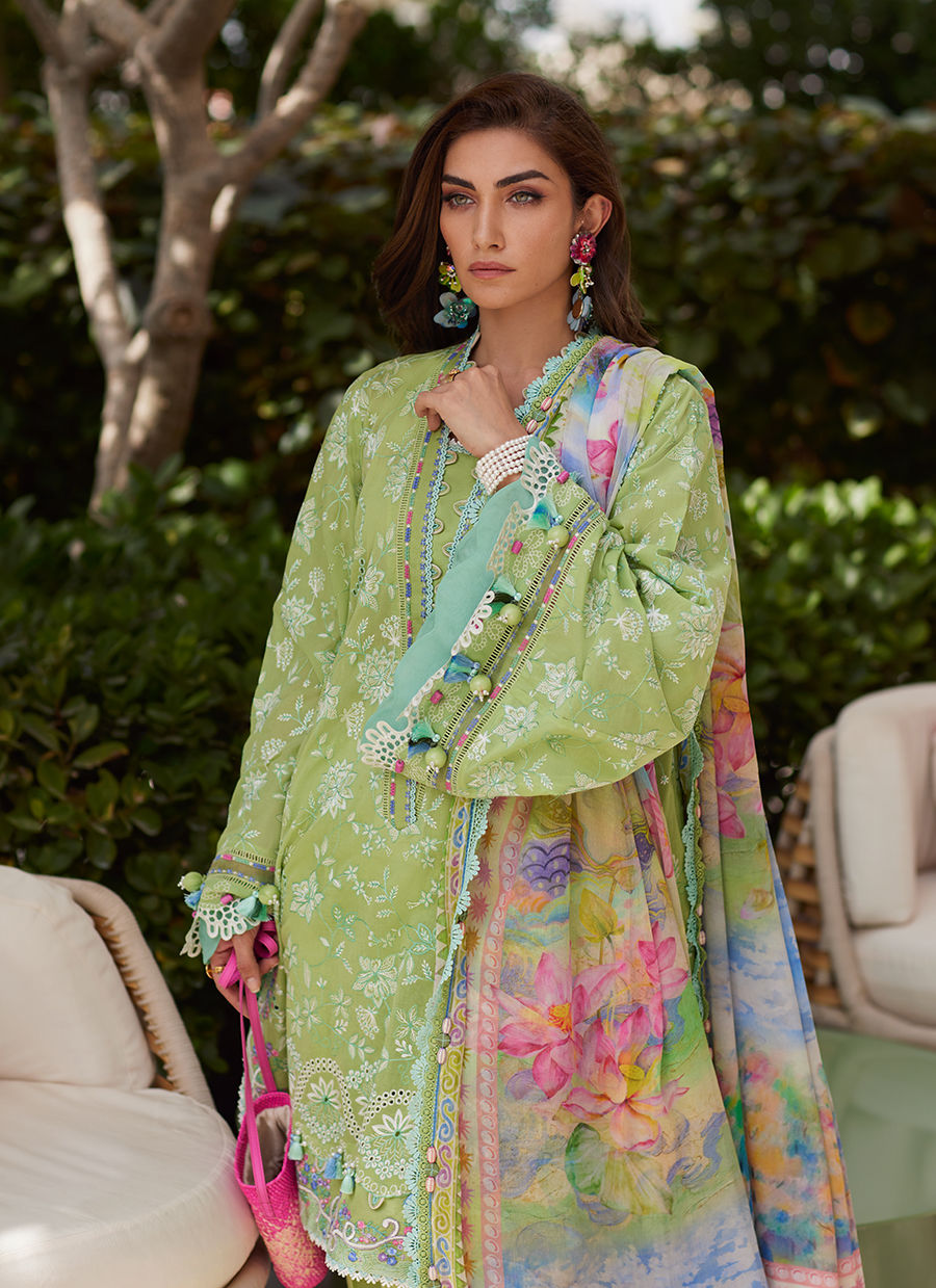 Model wearing pastel kiwi green embroidered outfit from Farah Talib Aziz, Unstitched Luxury '25, perfect for Pakistani clothes online in UK.