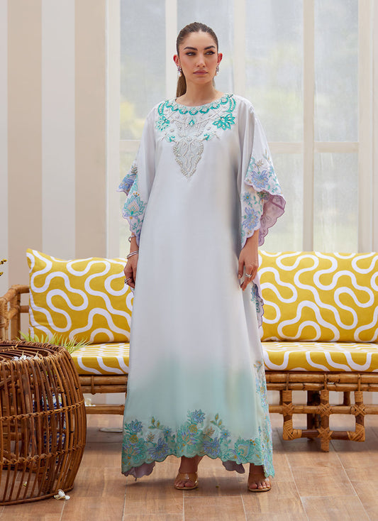 Model wearing pastel ombre Livia kaftan from Farah Talib Aziz Tara Luxe II, perfect for Pakistani luxury pret and Pakistani clothes online in UK.
