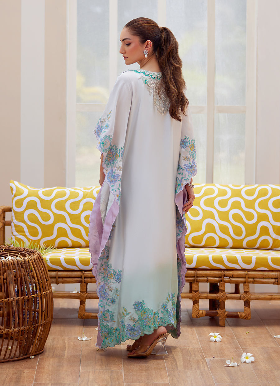Model wearing pastel ombre Livia kaftan from Farah Talib Aziz Tara Luxe II, perfect for Pakistani luxury pret and Pakistani clothes online in UK.
