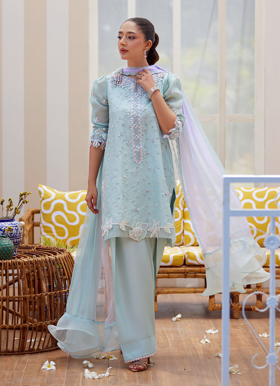 Model wearing ice blue embroidered outfit Noa from Farah Talib Aziz Tara Luxe II, ideal for Pakistani luxury pret and clothes online in UK.
