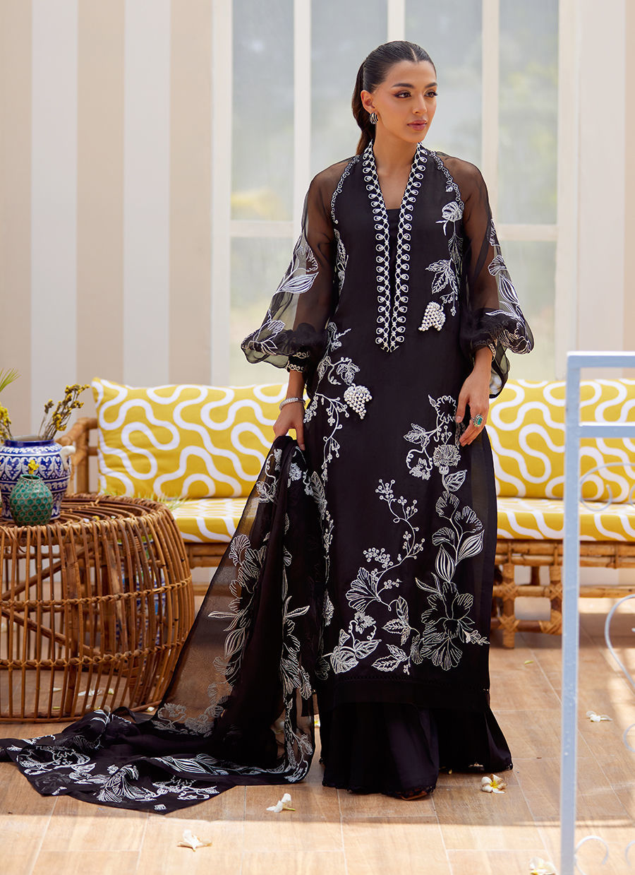 Model wearing black embroidered Reina Ebony outfit from Farah Talib Aziz Tara Luxe II, perfect for Pakistani luxury pret clothes online in UK.