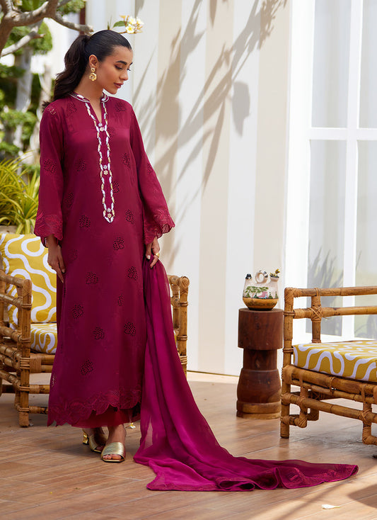 Model wearing burgundy embroidered dress with dupatta from Farah Talib Aziz, ideal for Pakistani luxury pret and festive wear in the UK.