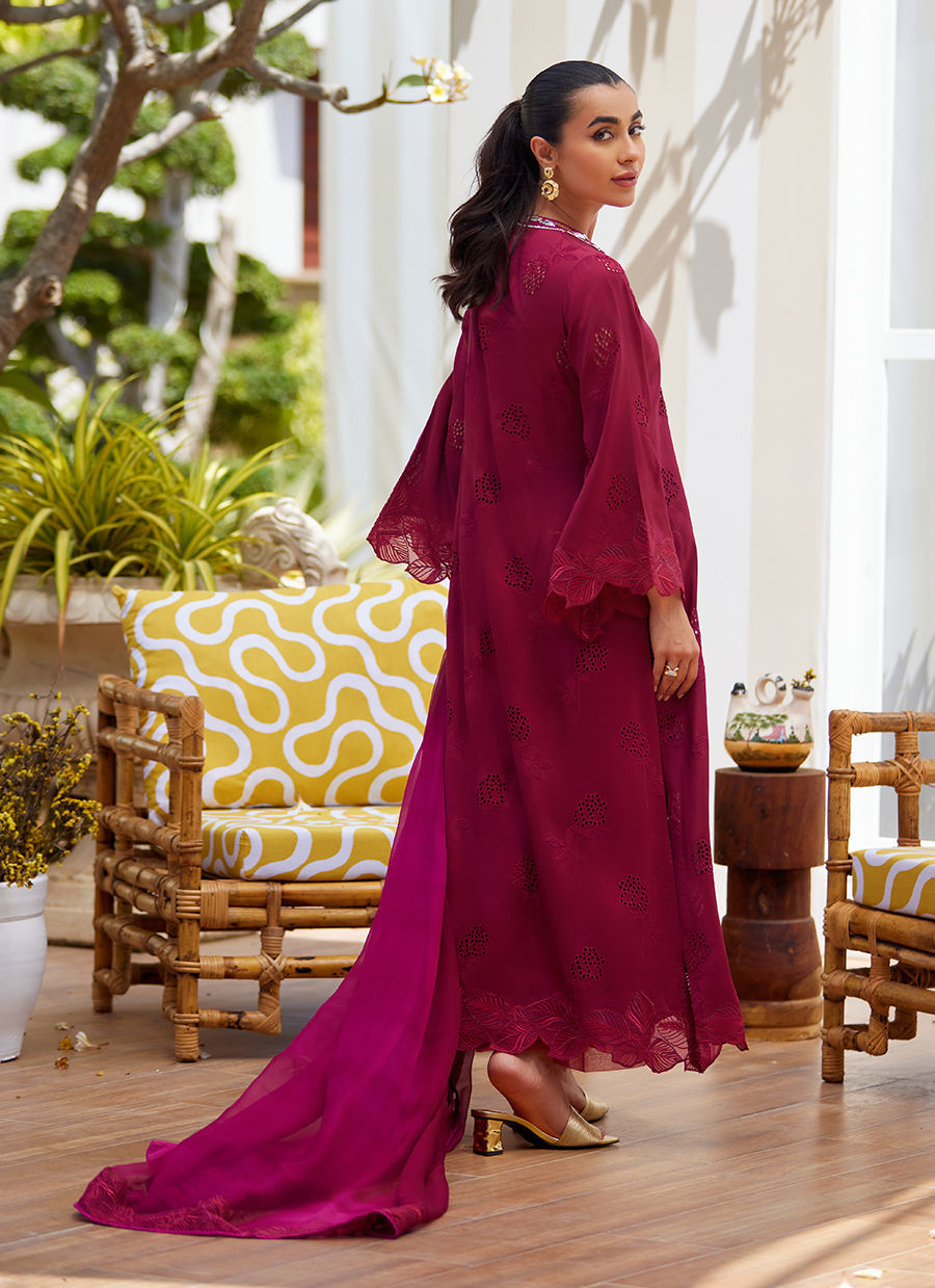 Model wearing burgundy embroidered dress with dupatta from Farah Talib Aziz, ideal for Pakistani luxury pret and festive wear in the UK.