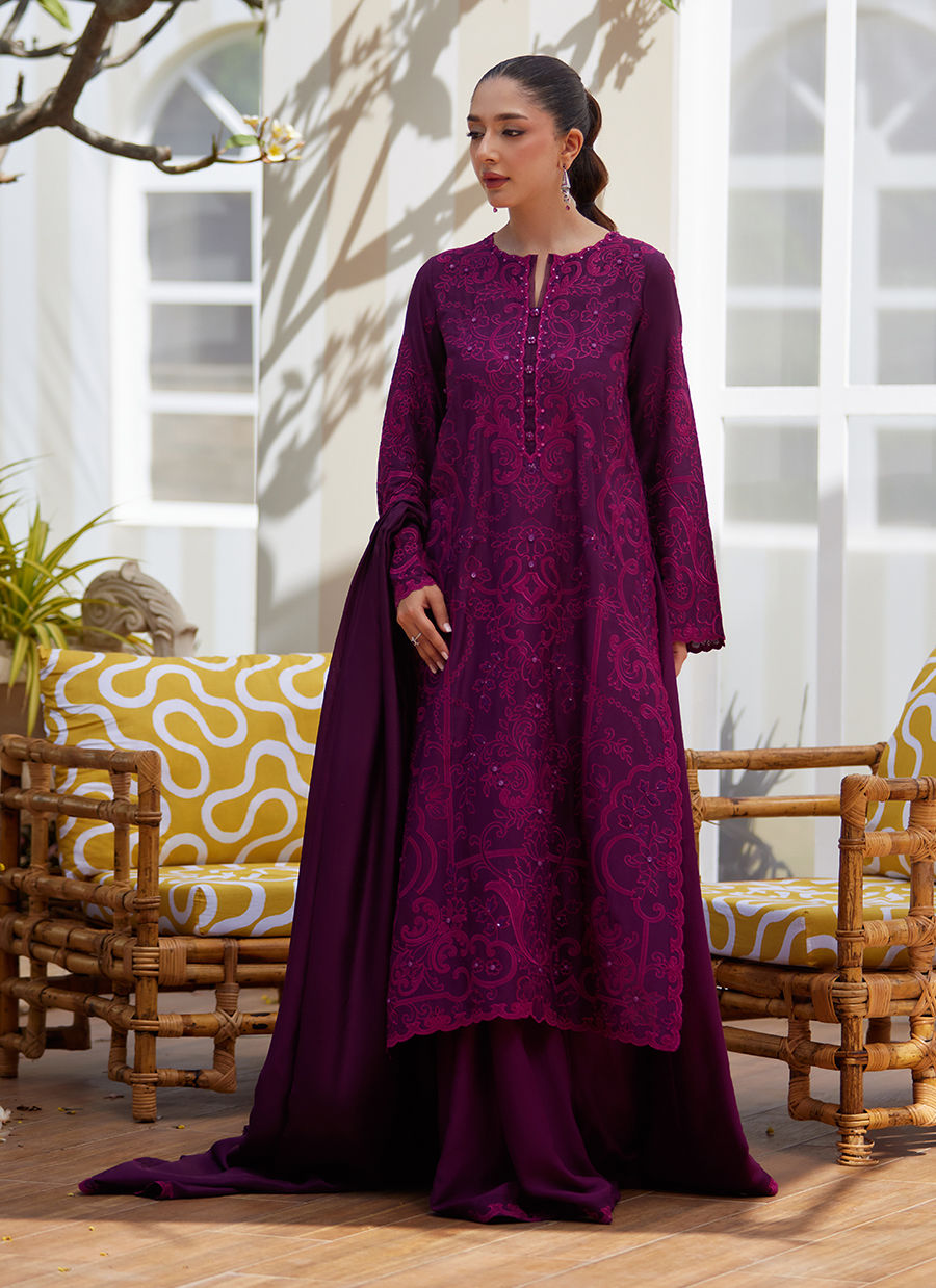 Model wearing plum embroidered dress with matching dupatta from Farah Talib Aziz, ideal for Pakistani luxury pret and Eid wear in the UK.