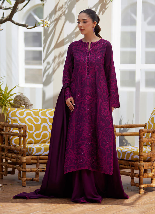 Model wearing plum embroidered dress with matching dupatta from Farah Talib Aziz, ideal for Pakistani luxury pret and Eid wear in the UK.