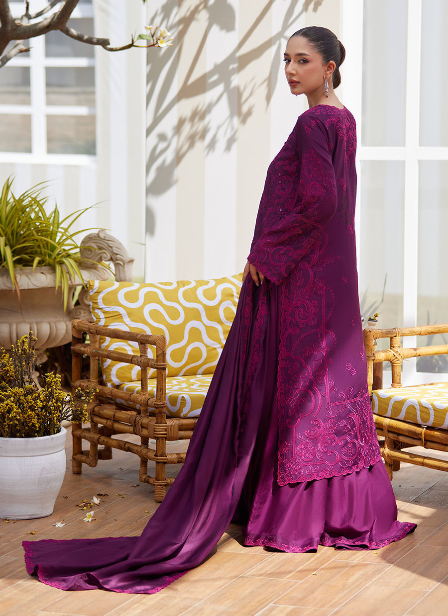 Model wearing plum embroidered dress with matching dupatta from Farah Talib Aziz, ideal for Pakistani luxury pret and Eid wear in the UK.