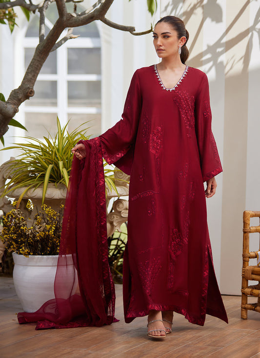 Model wearing scarlett red embroidered dress with matching dupatta from Farah Talib Aziz, perfect for Pakistani luxury pret in the UK.