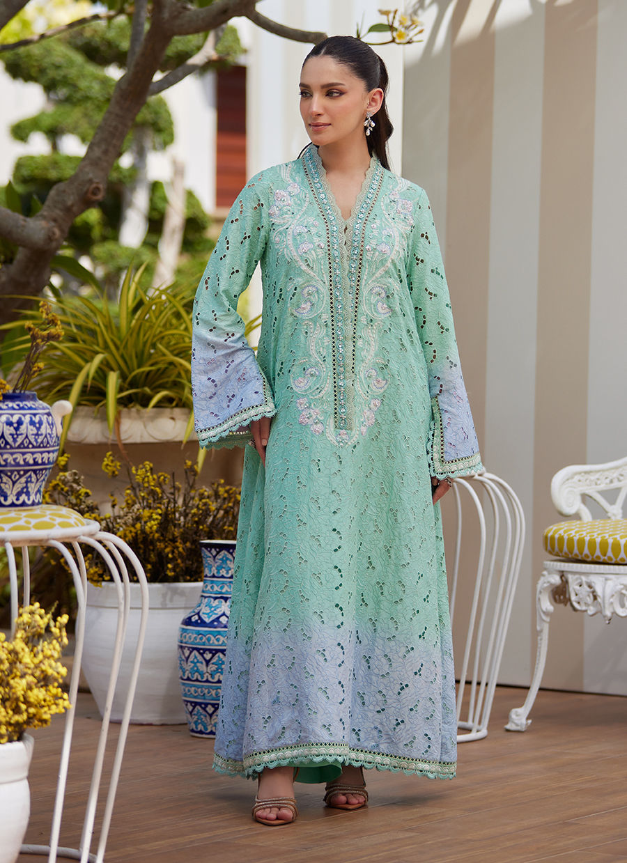 Model wearing aqua green embroidered kaftan from Farah Talib Aziz, perfect for Pakistani luxury pret and Pakistani clothes online in UK.