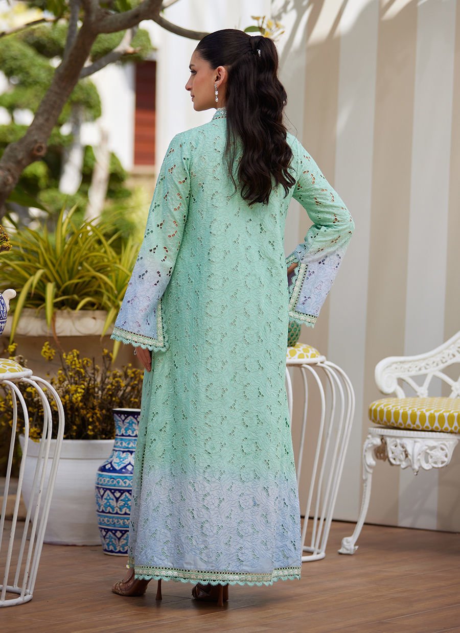 Model wearing aqua green embroidered kaftan from Farah Talib Aziz, perfect for Pakistani luxury pret and Pakistani clothes online in UK.