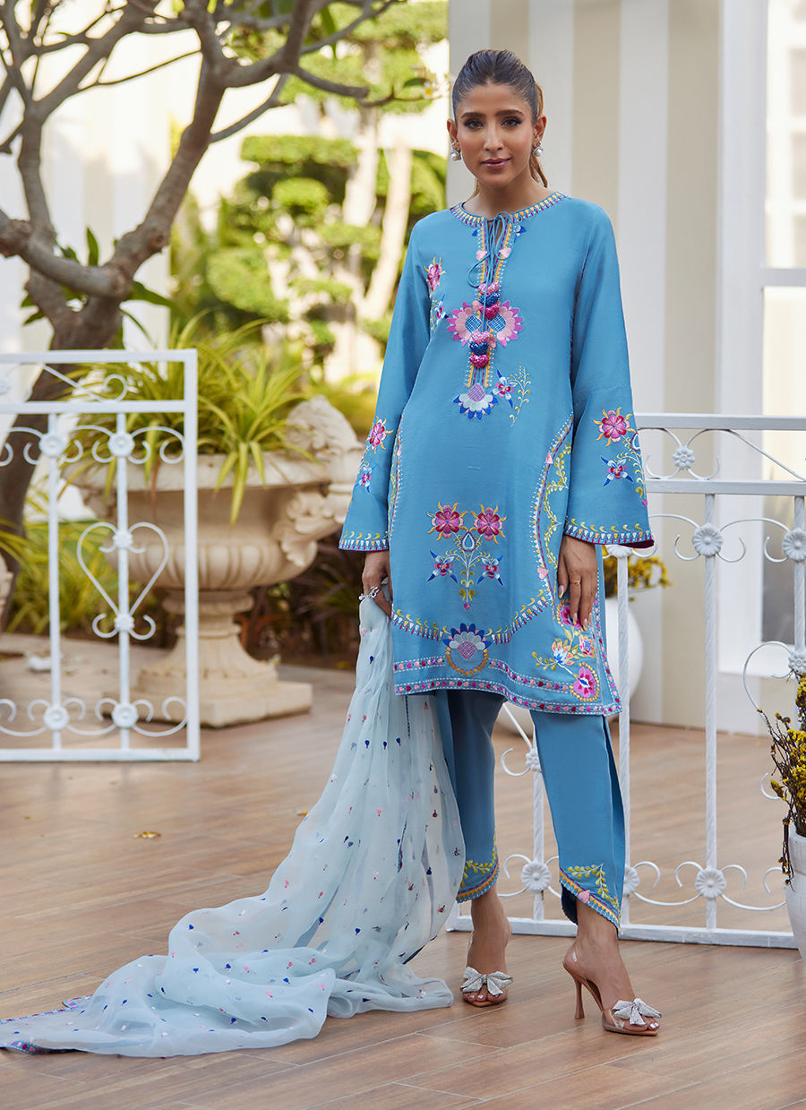 Model wearing sky blue embroidered outfit from Farah Talib Aziz, perfect for Pakistani luxury pret and Pakistani clothes online in UK.