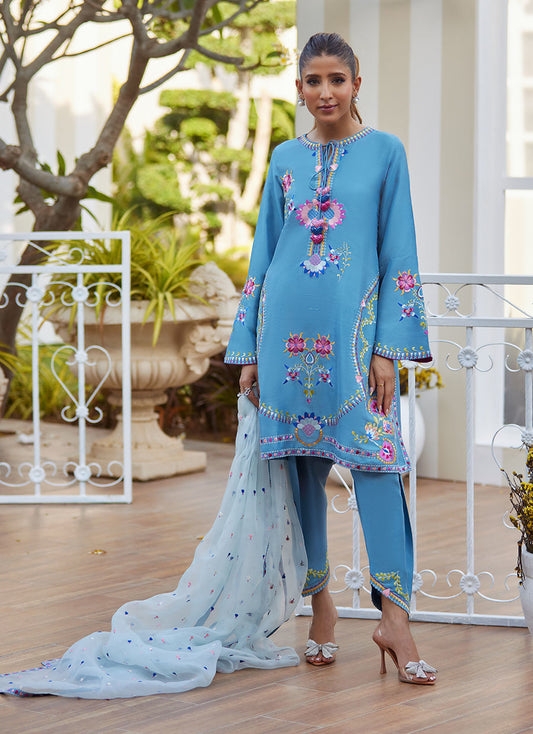 Model wearing sky blue embroidered outfit from Farah Talib Aziz, perfect for Pakistani luxury pret and Pakistani clothes online in UK.