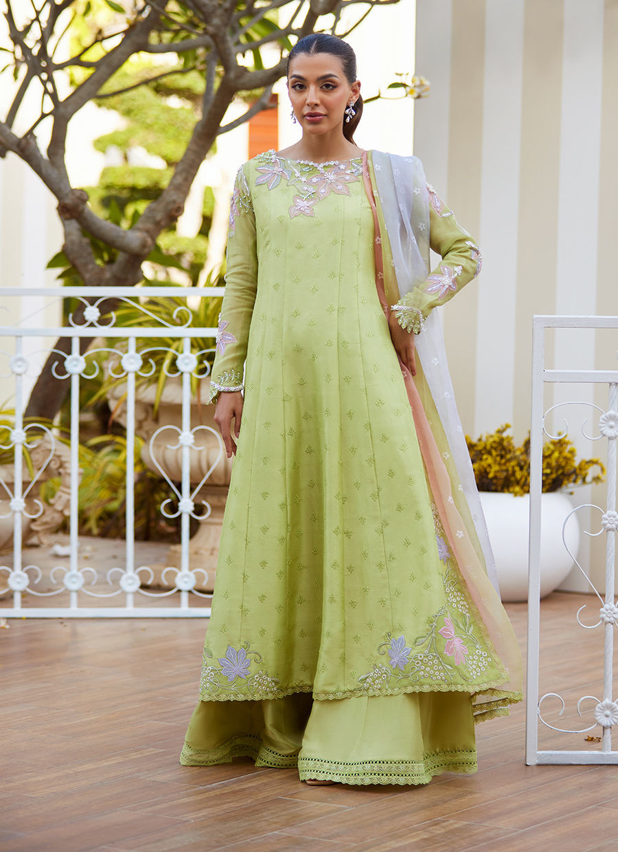 Model wearing apple green Talya outfit from Farah Talib Aziz, ideal for Pakistani luxury pret and Pakistani clothes online in UK.