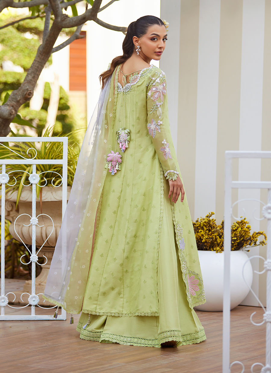 Model wearing apple green Talya outfit from Farah Talib Aziz, ideal for Pakistani luxury pret and Pakistani clothes online in UK.