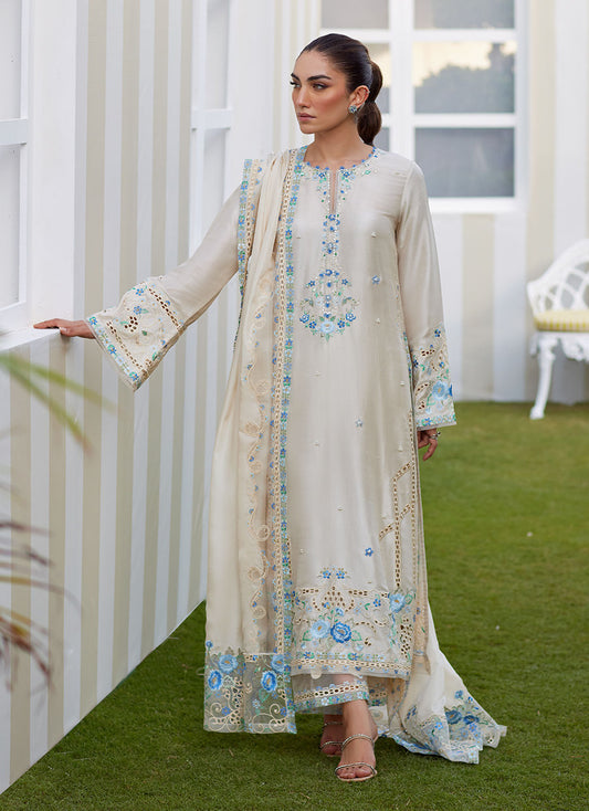 Model wearing ivory Delina outfit from Farah Talib Aziz, ideal for Pakistani luxury pret and Pakistani clothes online in UK.