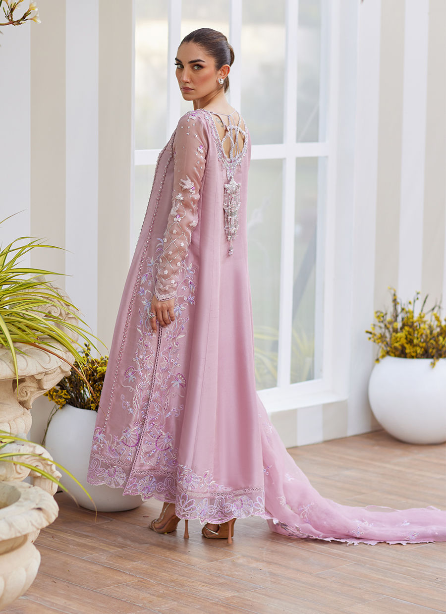 Model wearing mauve Karis dress from Farah Talib Aziz, ideal for Pakistani luxury pret and Pakistani clothes online in UK.