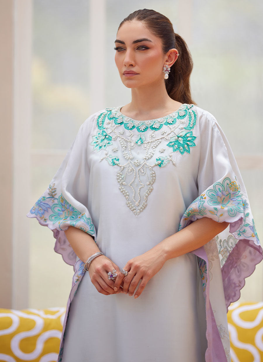 Model wearing pastel ombre Livia kaftan from Farah Talib Aziz Tara Luxe II, perfect for Pakistani luxury pret and Pakistani clothes online in UK.