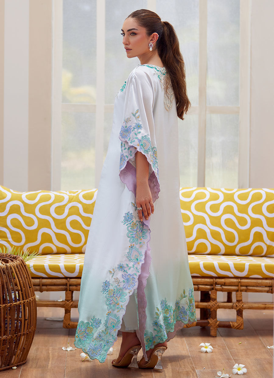 Model wearing pastel ombre Livia kaftan from Farah Talib Aziz Tara Luxe II, perfect for Pakistani luxury pret and Pakistani clothes online in UK.