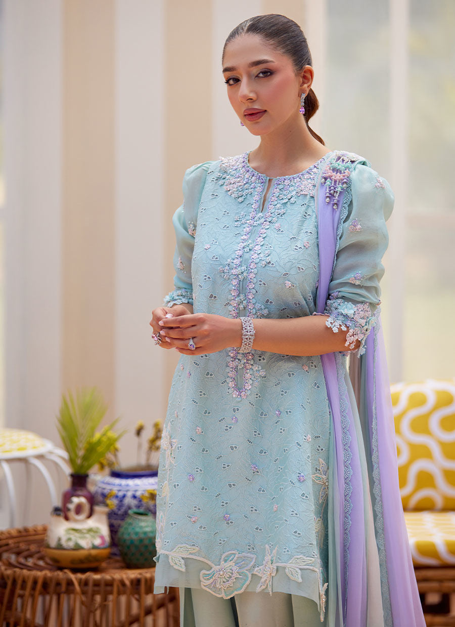 Model wearing ice blue embroidered outfit Noa from Farah Talib Aziz Tara Luxe II, ideal for Pakistani luxury pret and clothes online in UK.