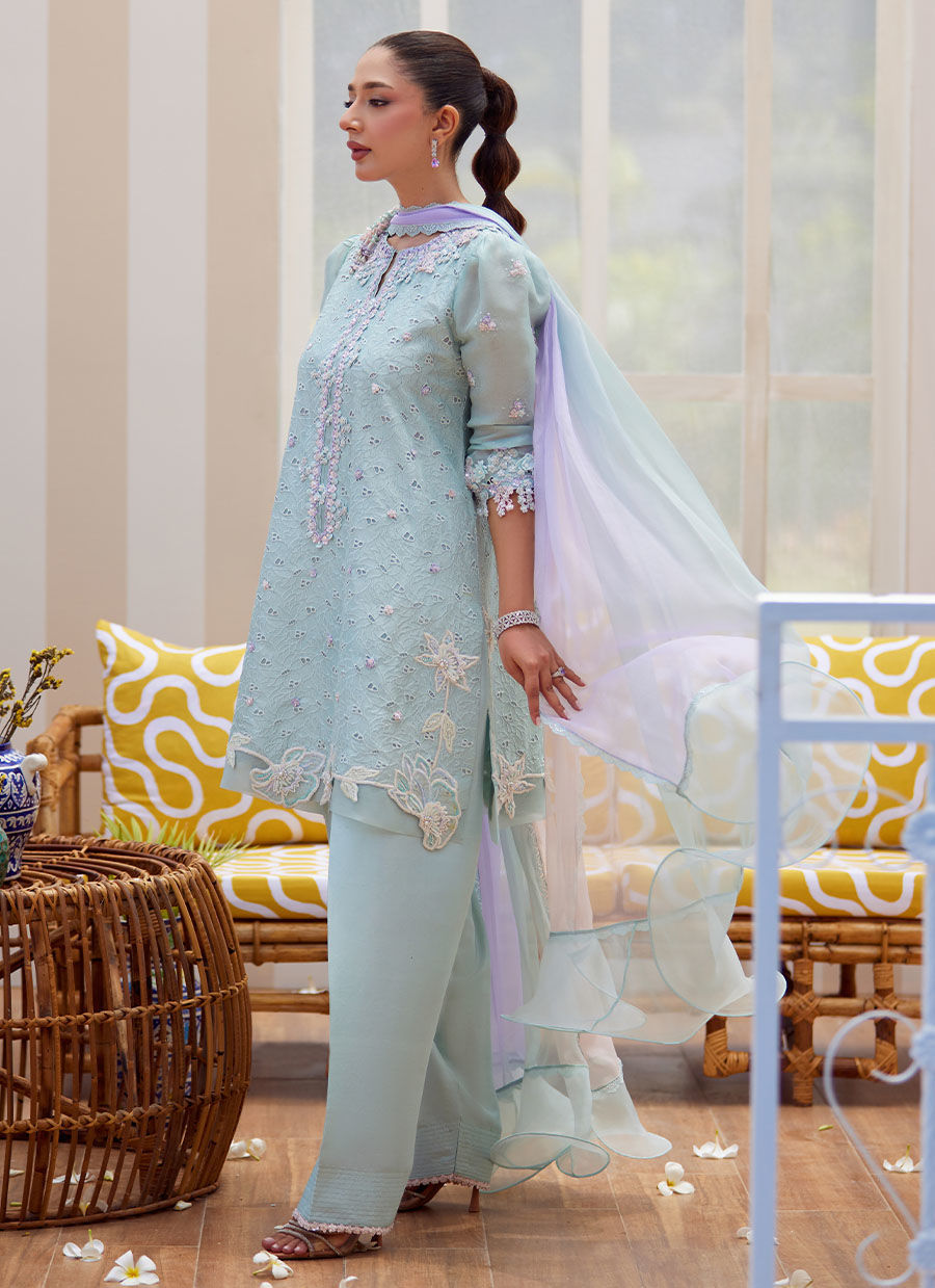 Model wearing ice blue embroidered outfit Noa from Farah Talib Aziz Tara Luxe II, ideal for Pakistani luxury pret and clothes online in UK.