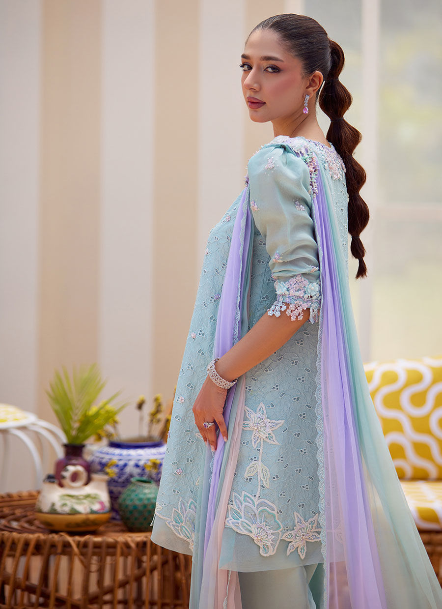 Model wearing ice blue embroidered outfit Noa from Farah Talib Aziz Tara Luxe II, ideal for Pakistani luxury pret and clothes online in UK.
