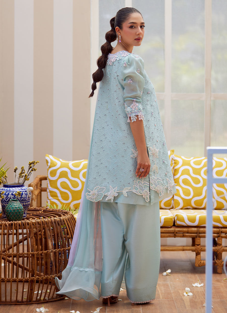 Model wearing ice blue embroidered outfit Noa from Farah Talib Aziz Tara Luxe II, ideal for Pakistani luxury pret and clothes online in UK.