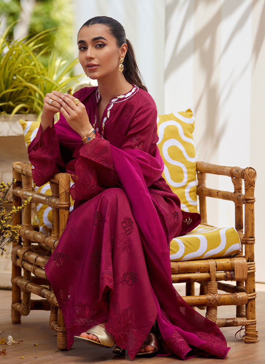 Model wearing burgundy embroidered dress with dupatta from Farah Talib Aziz, ideal for Pakistani luxury pret and festive wear in the UK.
