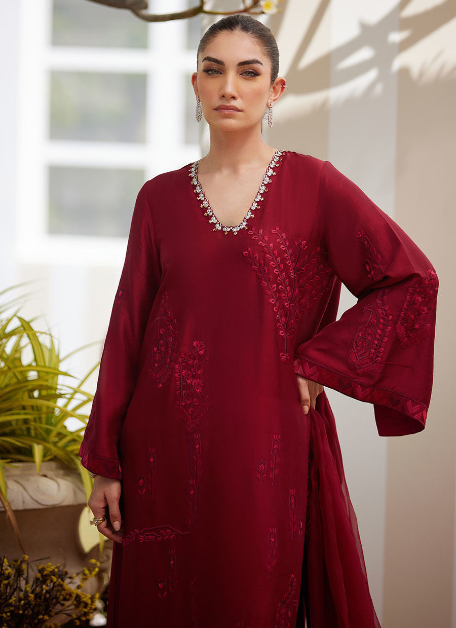 Model wearing scarlett red embroidered dress with matching dupatta from Farah Talib Aziz, perfect for Pakistani luxury pret in the UK.