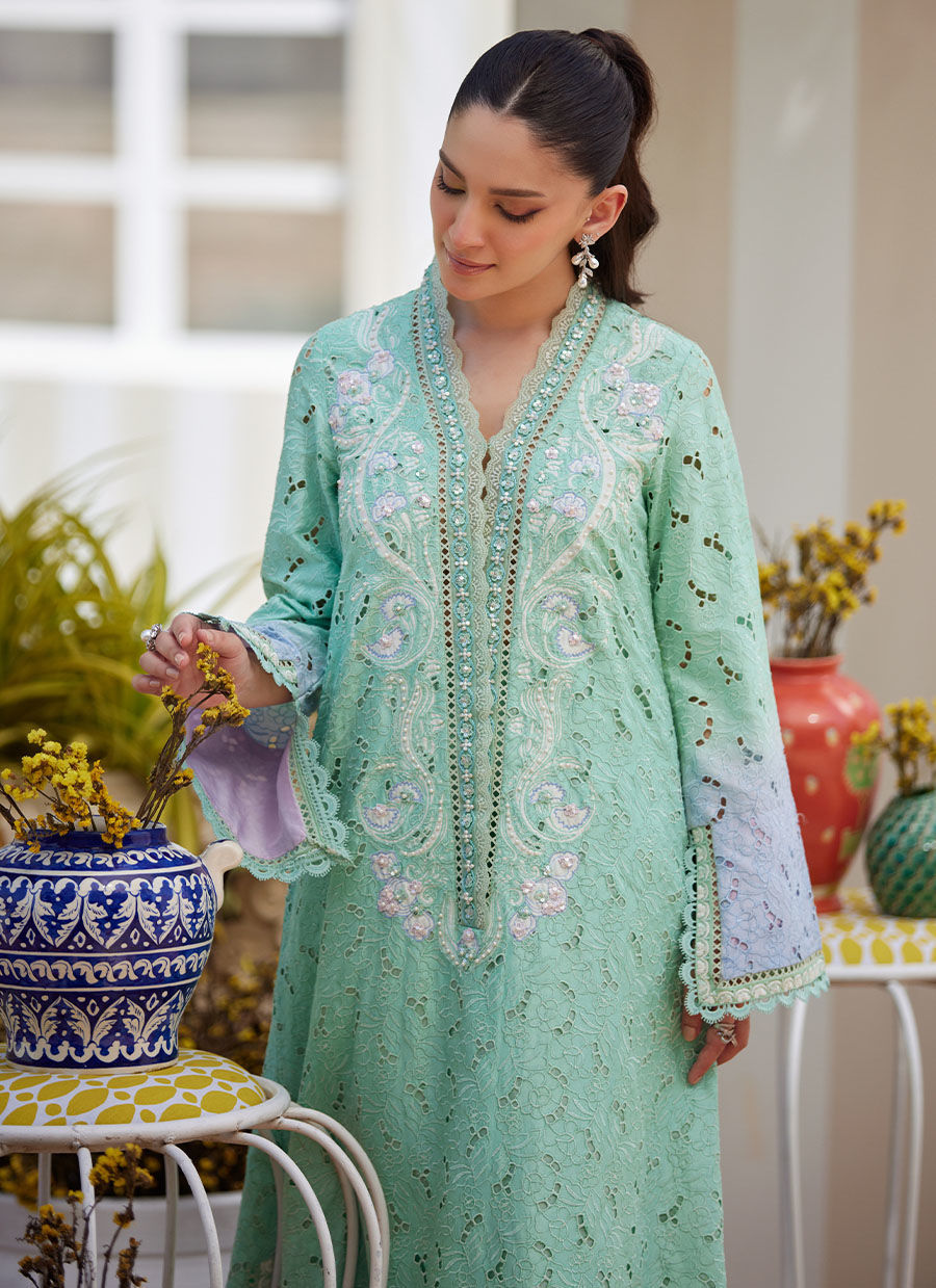 Model wearing aqua green embroidered kaftan from Farah Talib Aziz, perfect for Pakistani luxury pret and Pakistani clothes online in UK.