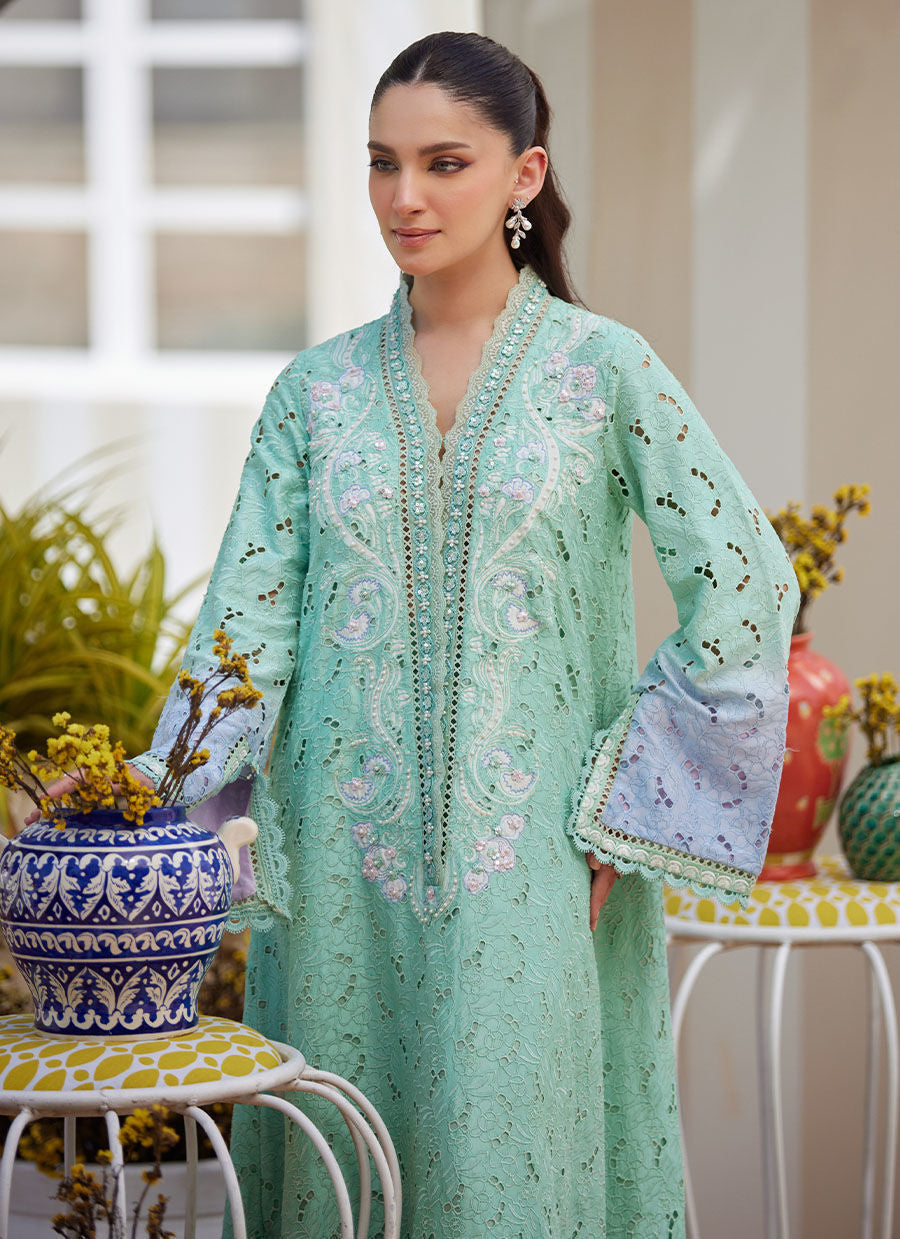 Model wearing aqua green embroidered kaftan from Farah Talib Aziz, perfect for Pakistani luxury pret and Pakistani clothes online in UK.