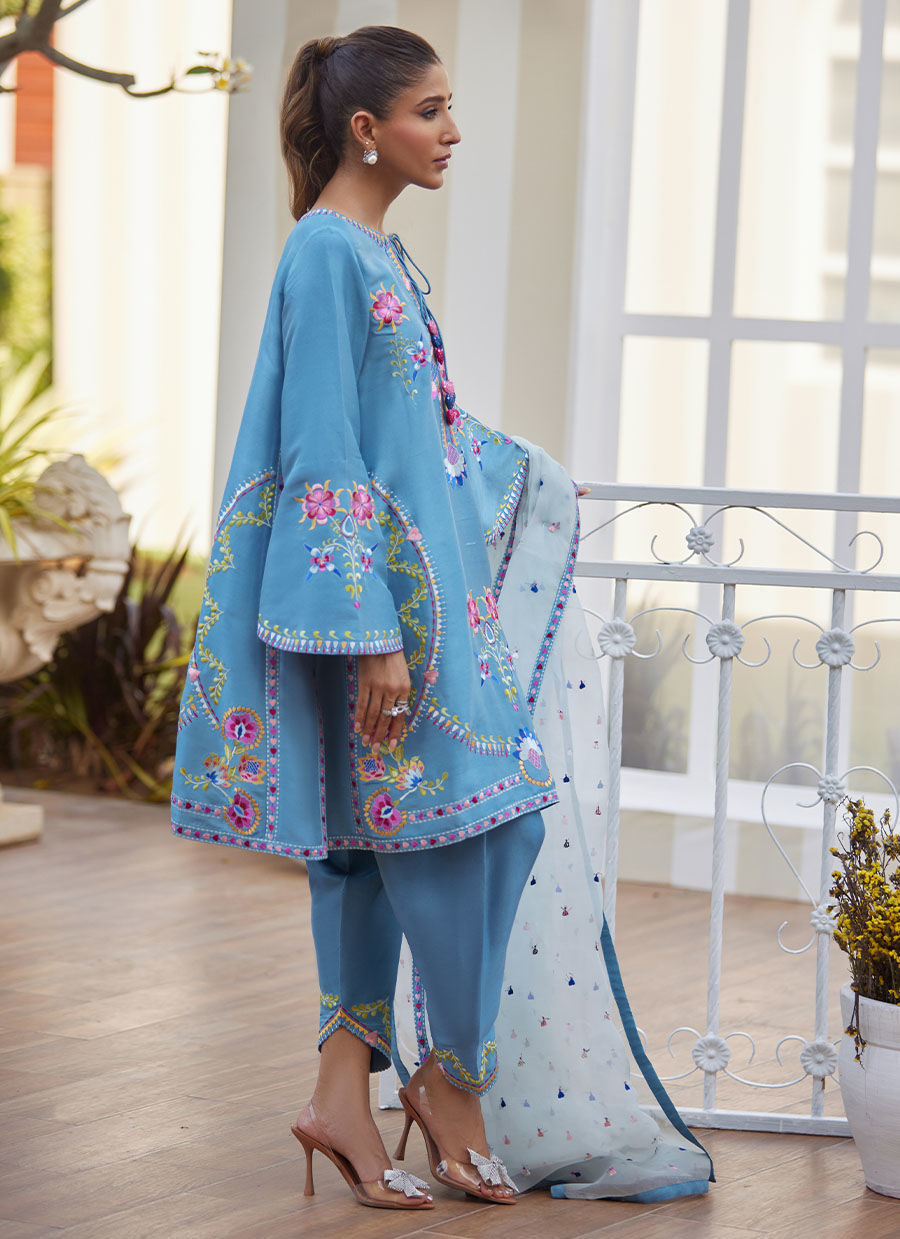 Model wearing sky blue embroidered outfit from Farah Talib Aziz, perfect for Pakistani luxury pret and Pakistani clothes online in UK.