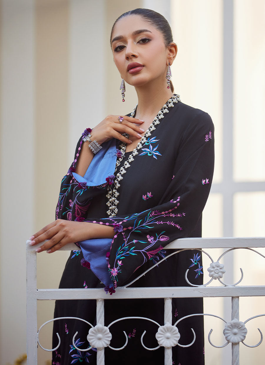 Model wearing black embroidered Zyla Midnight outfit from Farah Talib Aziz, perfect for Pakistani luxury pret and Pakistani clothes online in UK.