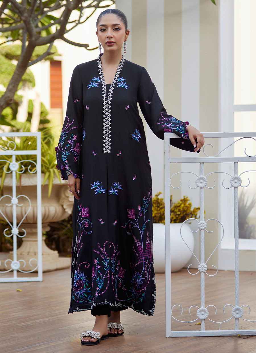 Model wearing black embroidered Zyla Midnight outfit from Farah Talib Aziz, perfect for Pakistani luxury pret and Pakistani clothes online in UK.